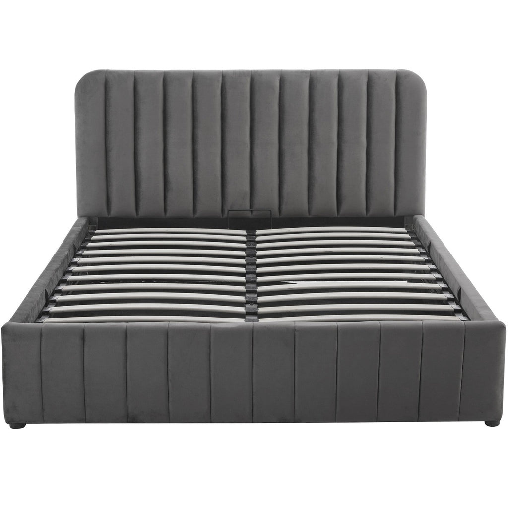Ava - Lit Coffre Adulte 140x190 cm avec Tête de Lit Capitonnée en Velours - Gris