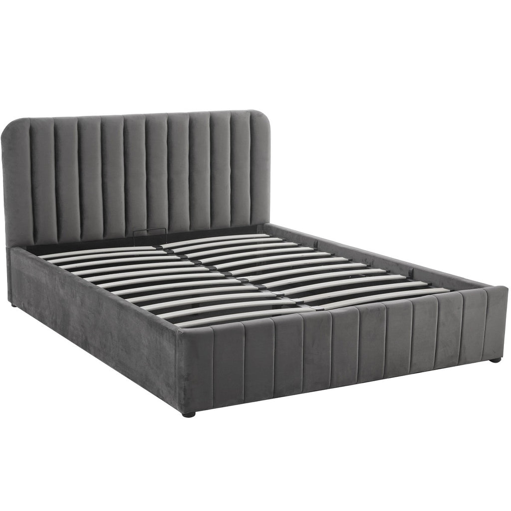 Ava - Lit Coffre Adulte 140x190 cm avec Tête de Lit Capitonnée en Velours - Gris