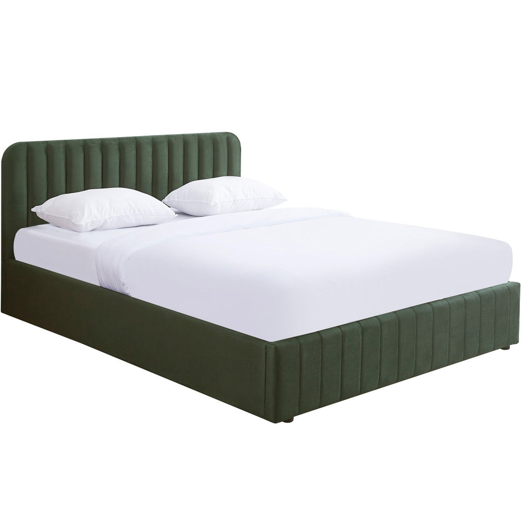 Ava - Lit Coffre Adulte 140x190 cm avec Tête de Lit Capitonnée en Velours - Vert Kaki