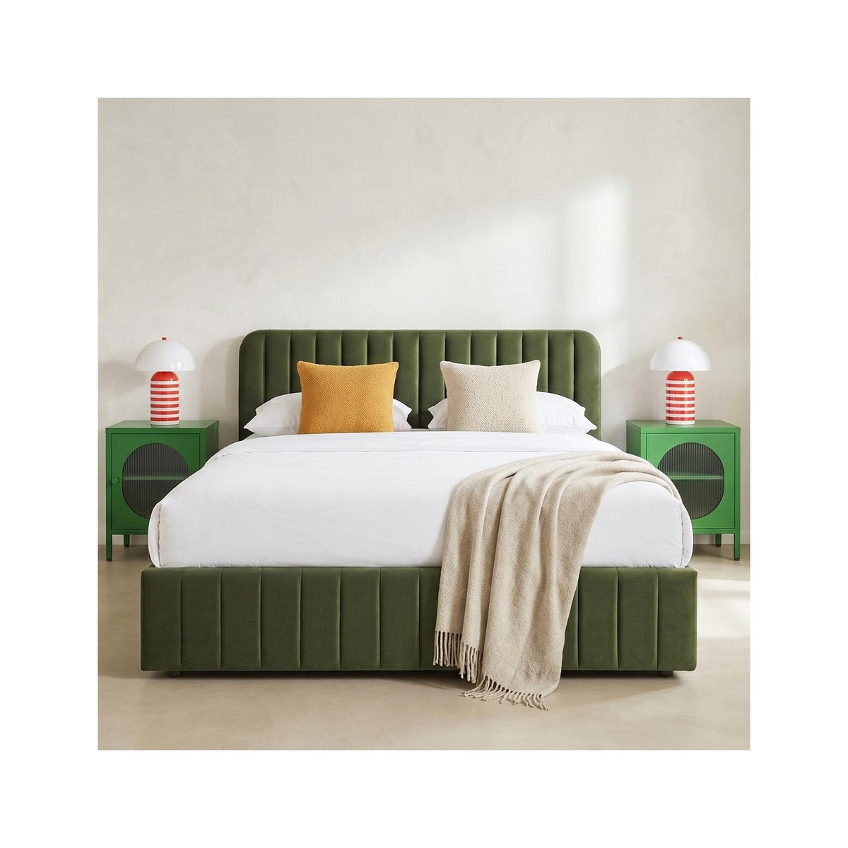 Ava - Lit Coffre Adulte 140x190 cm avec Tête de Lit Capitonnée en Velours - Vert Kaki