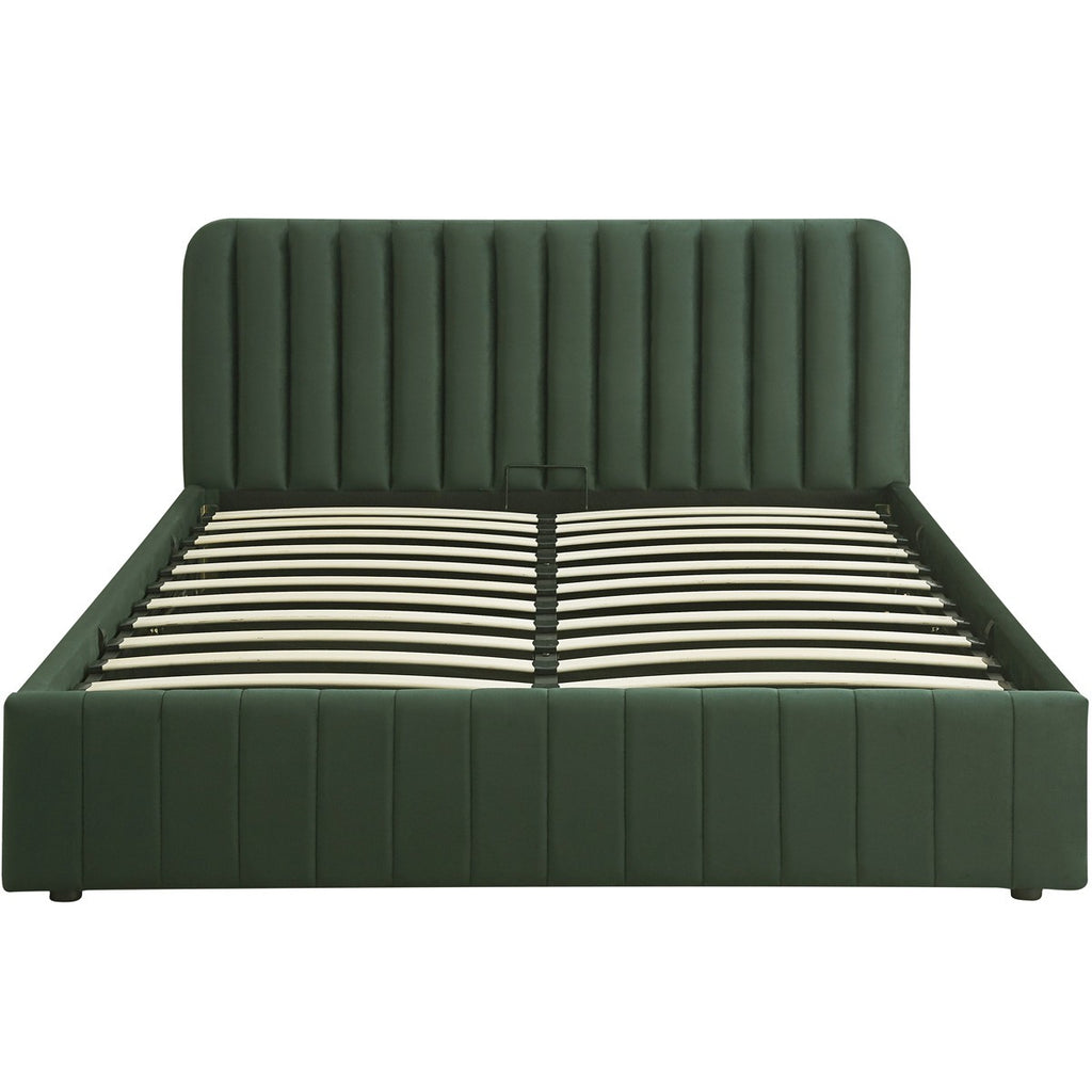Ava - Lit Coffre Adulte 140x190 cm avec Tête de Lit Capitonnée en Velours - Vert Kaki