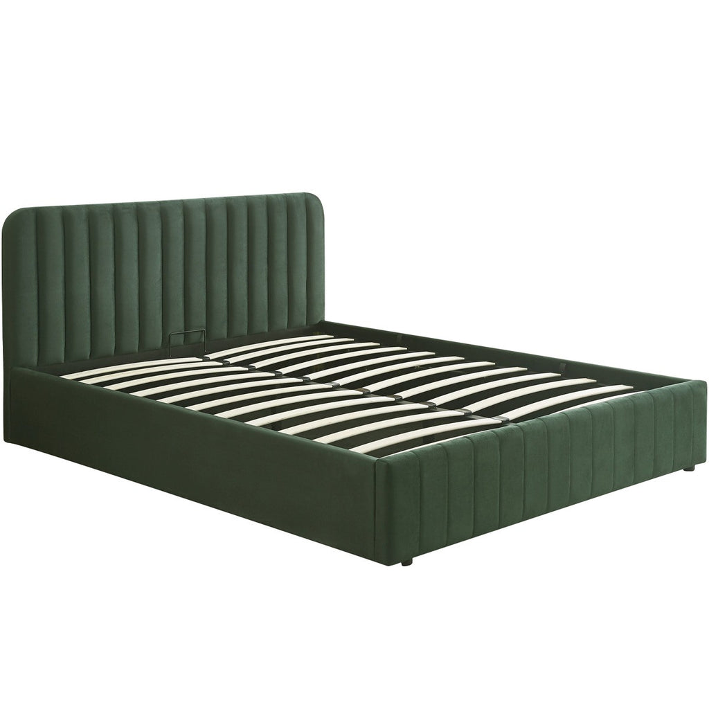 Ava - Lit Coffre Adulte 140x190 cm avec Tête de Lit Capitonnée en Velours - Vert Kaki