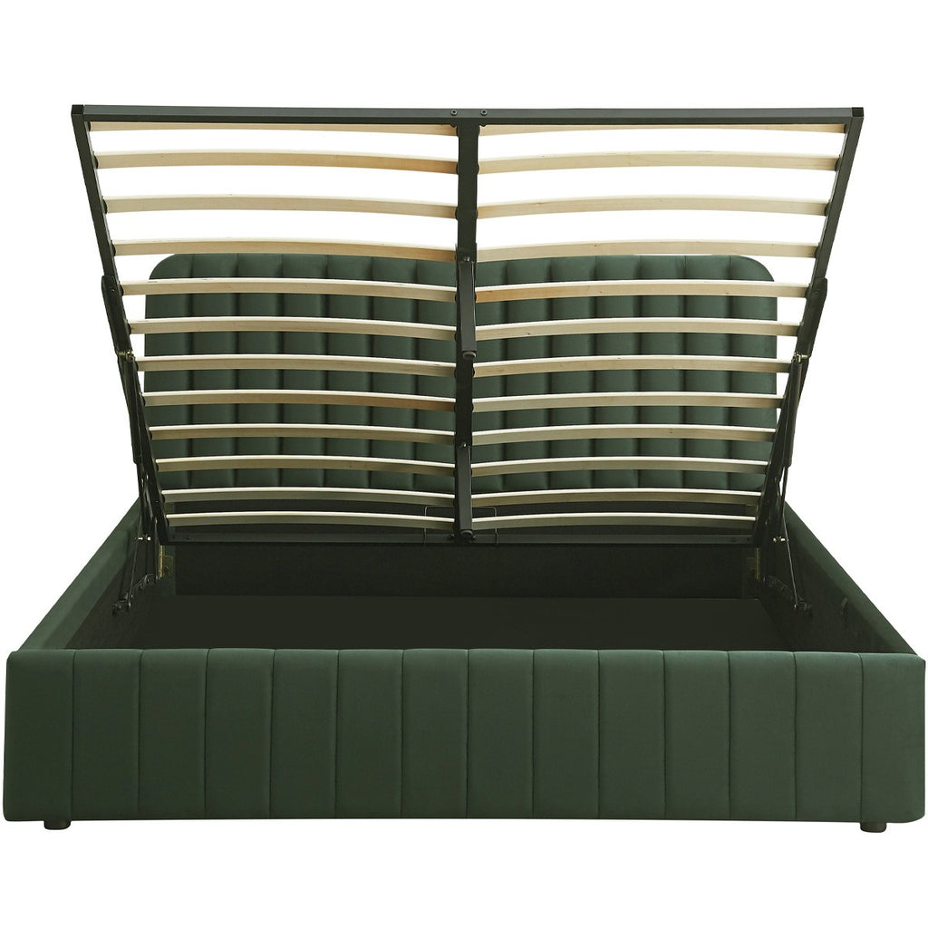 Ava - Lit Coffre Adulte 160x200 cm avec Tête de Lit Capitonnée en Velours - Vert Kaki