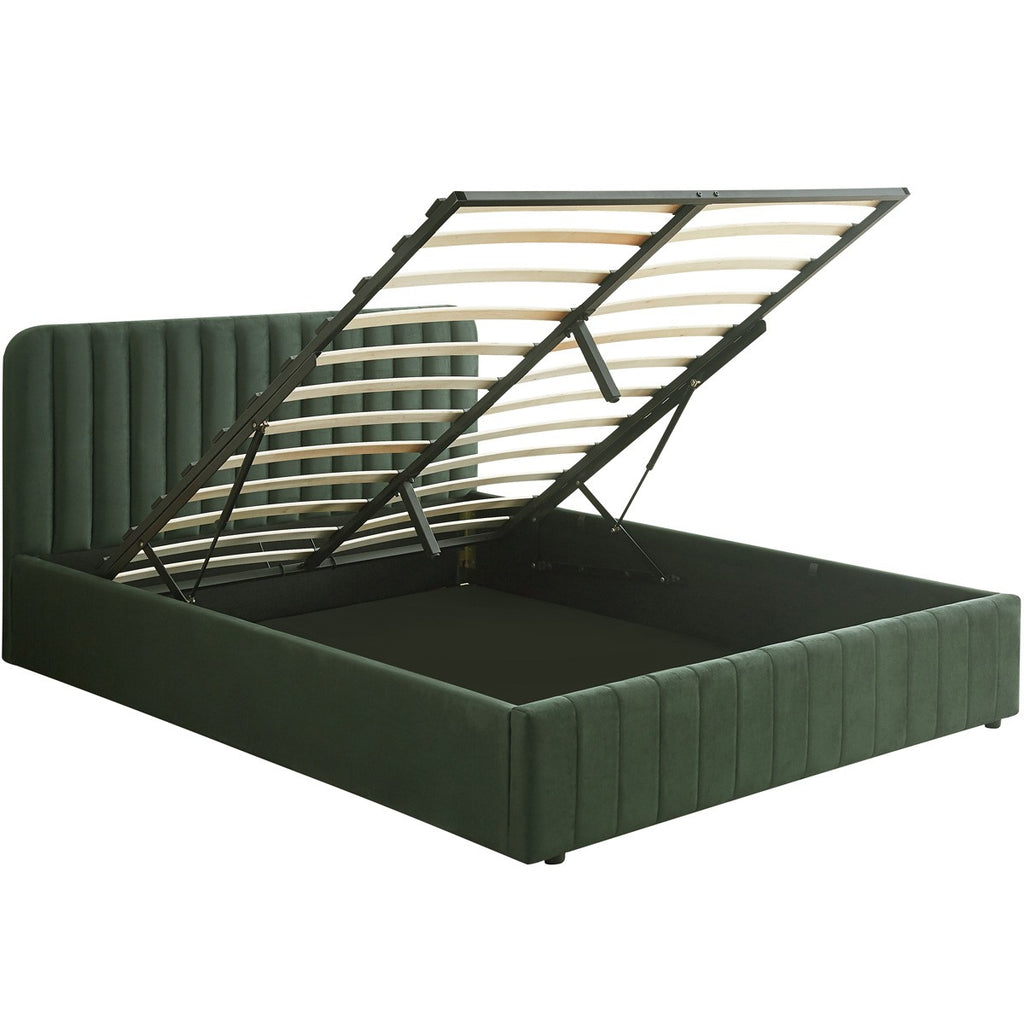 Ava - Lit Coffre Adulte 160x200 cm avec Tête de Lit Capitonnée en Velours - Vert Kaki