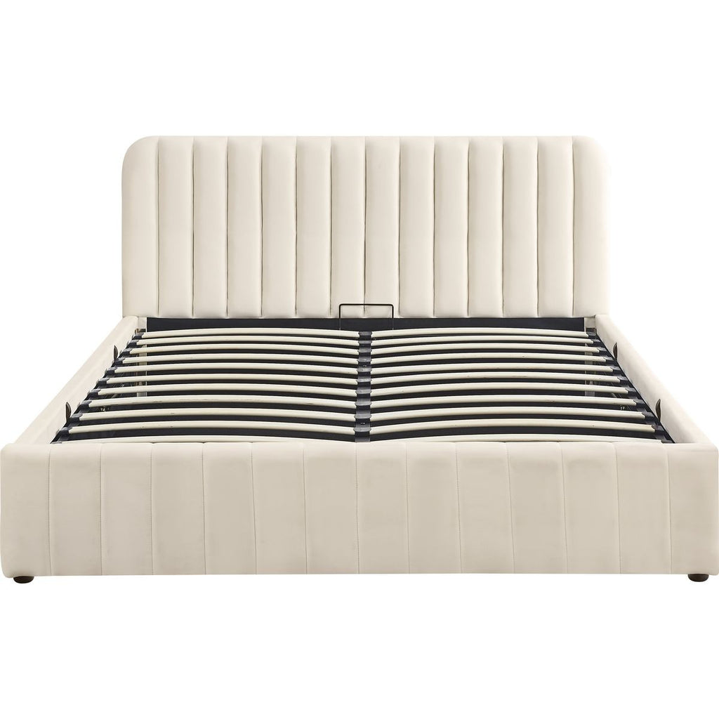 Ava - Lit Coffre Adulte 180x200 cm avec Tête de Lit Capitonnée en Velours - Beige