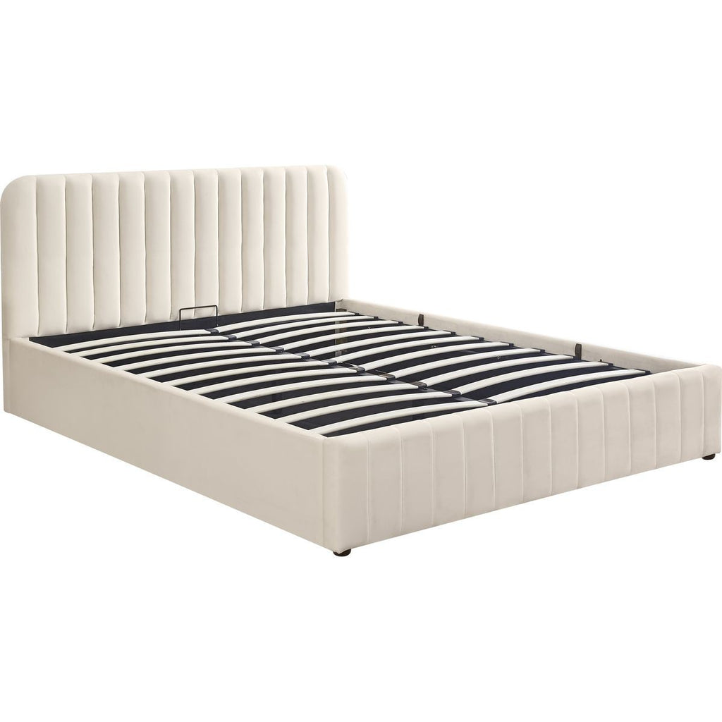 Ava - Lit Coffre Adulte 180x200 cm avec Tête de Lit Capitonnée en Velours - Beige