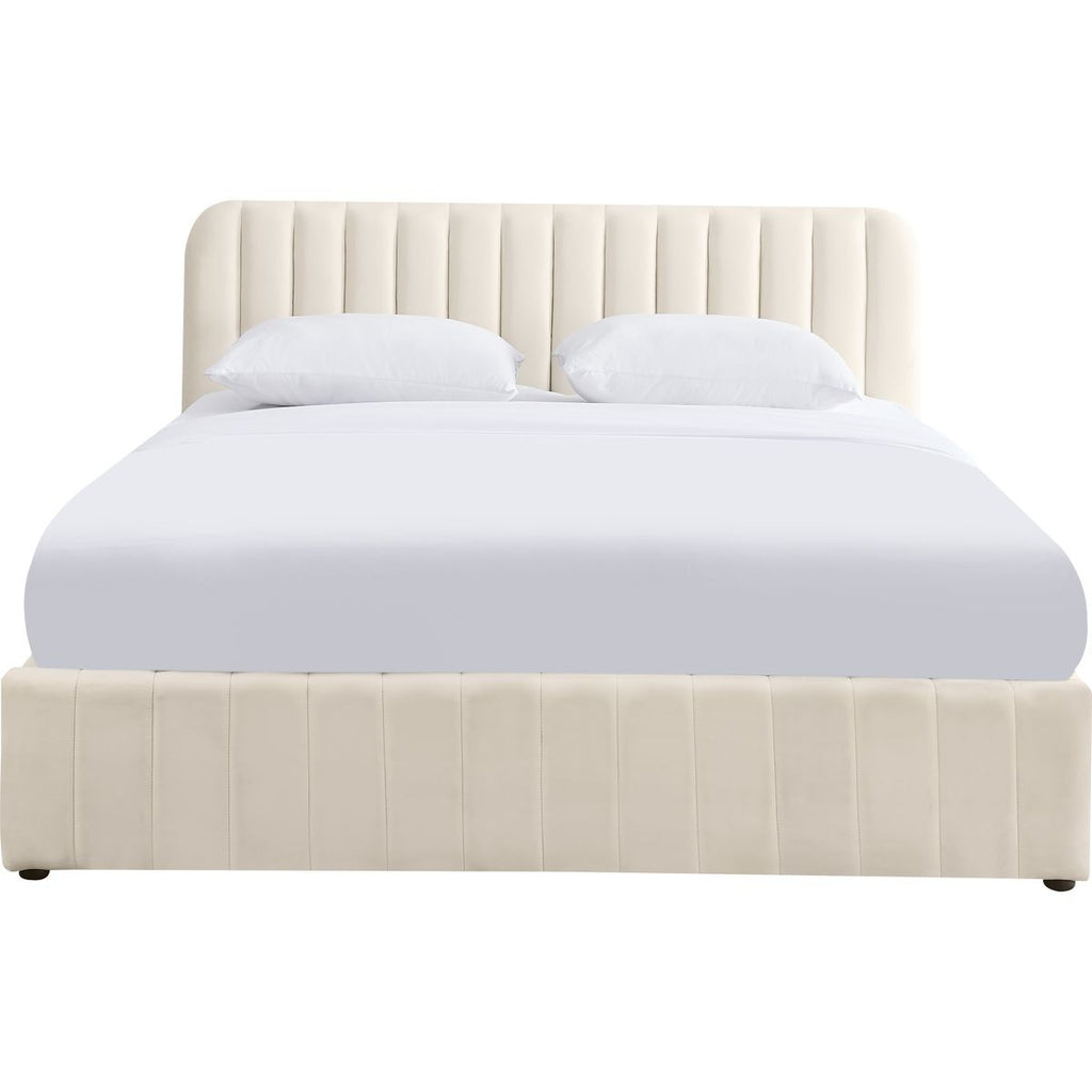 Ava - Lit Coffre Adulte 180x200 cm avec Tête de Lit Capitonnée en Velours - Beige
