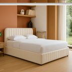 Ava - Lit Coffre Adulte 180x200 cm avec Tête de Lit Capitonnée en Velours - Beige