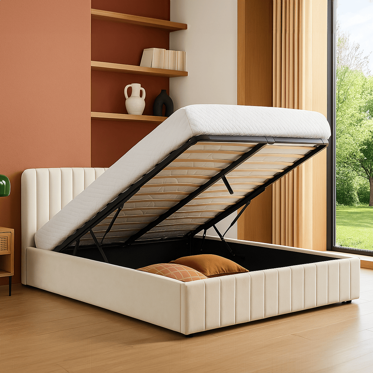 Ava - Lit Coffre Adulte 180x200 cm avec Tête de Lit Capitonnée en Velours - Beige