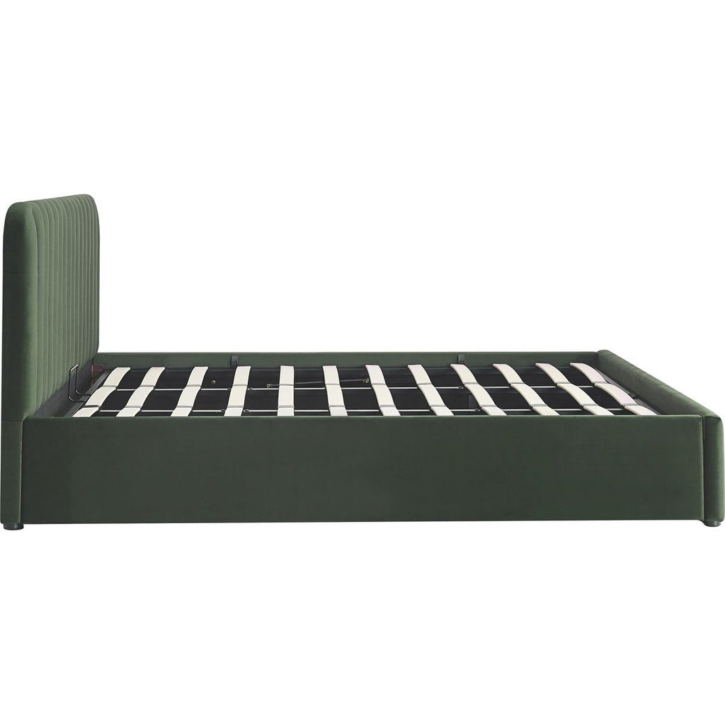 Ava - Lit Coffre Adulte 180x200 cm avec Tête de Lit Capitonnée en Velours - Vert Kaki
