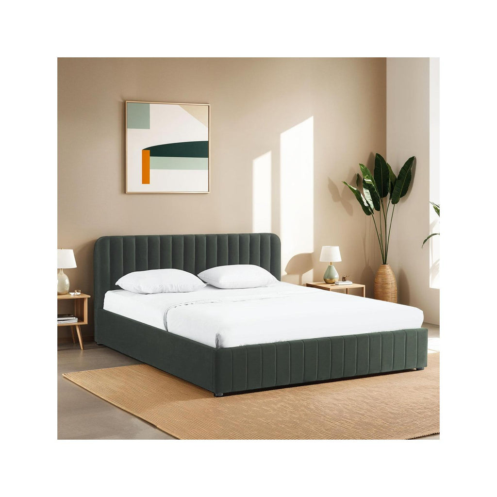 Ava - Lit Coffre Adulte 180x200 cm avec Tête de Lit Capitonnée en Velours - Vert Kaki