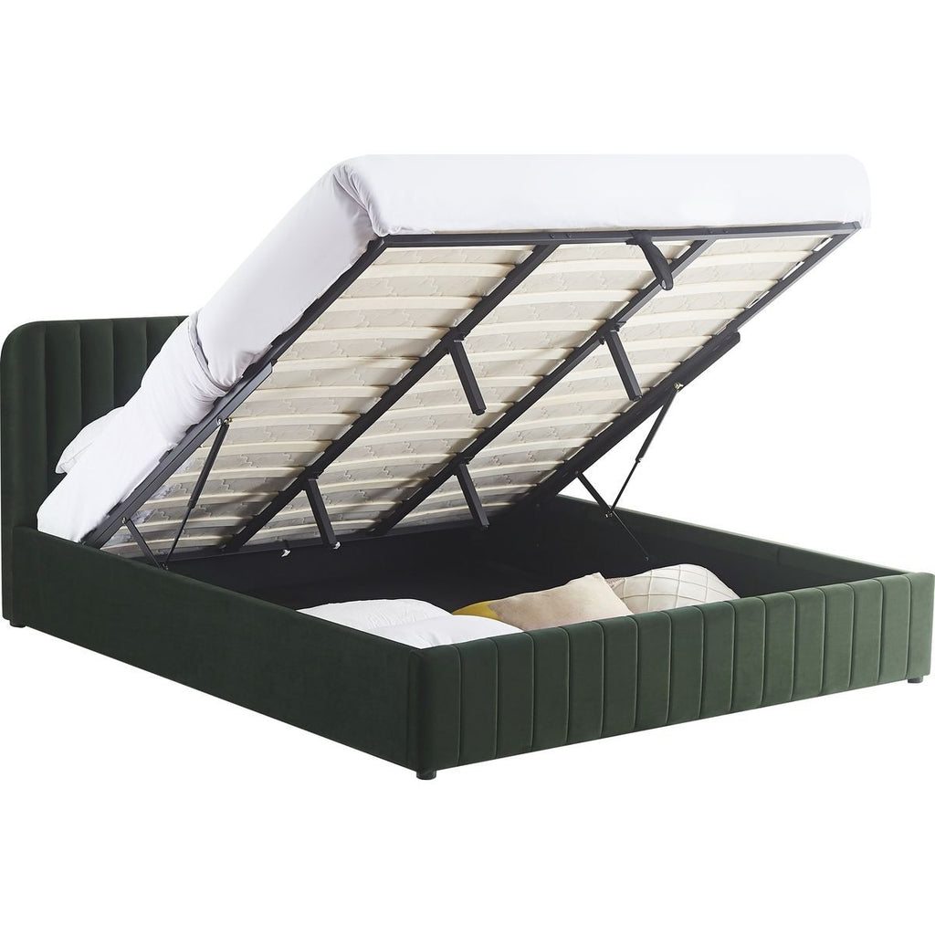 Ava - Lit Coffre Adulte 180x200 cm avec Tête de Lit Capitonnée en Velours - Vert Kaki