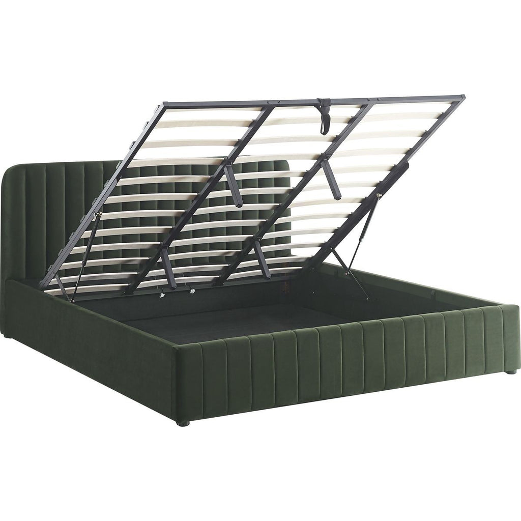 Ava - Lit Coffre Adulte 180x200 cm avec Tête de Lit Capitonnée en Velours - Vert Kaki