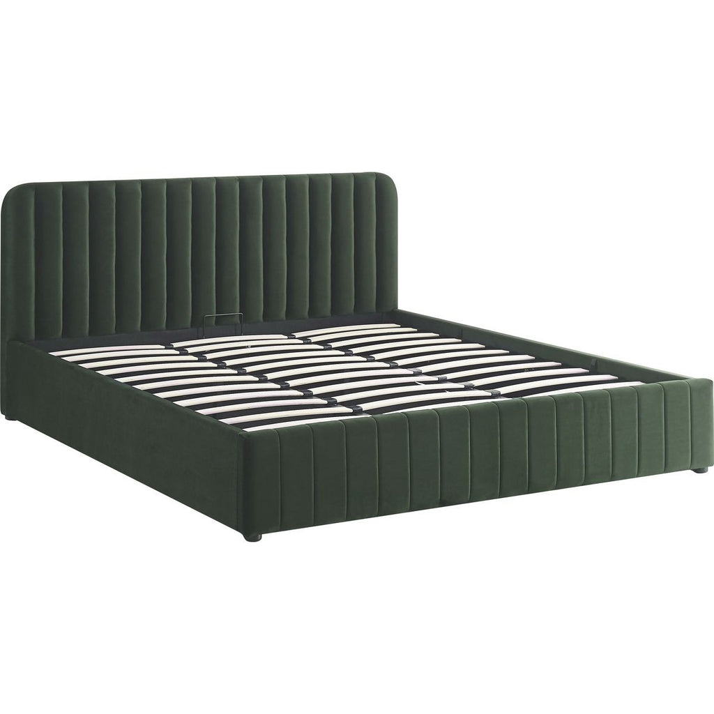 Ava - Lit Coffre Adulte 180x200 cm avec Tête de Lit Capitonnée en Velours - Vert Kaki