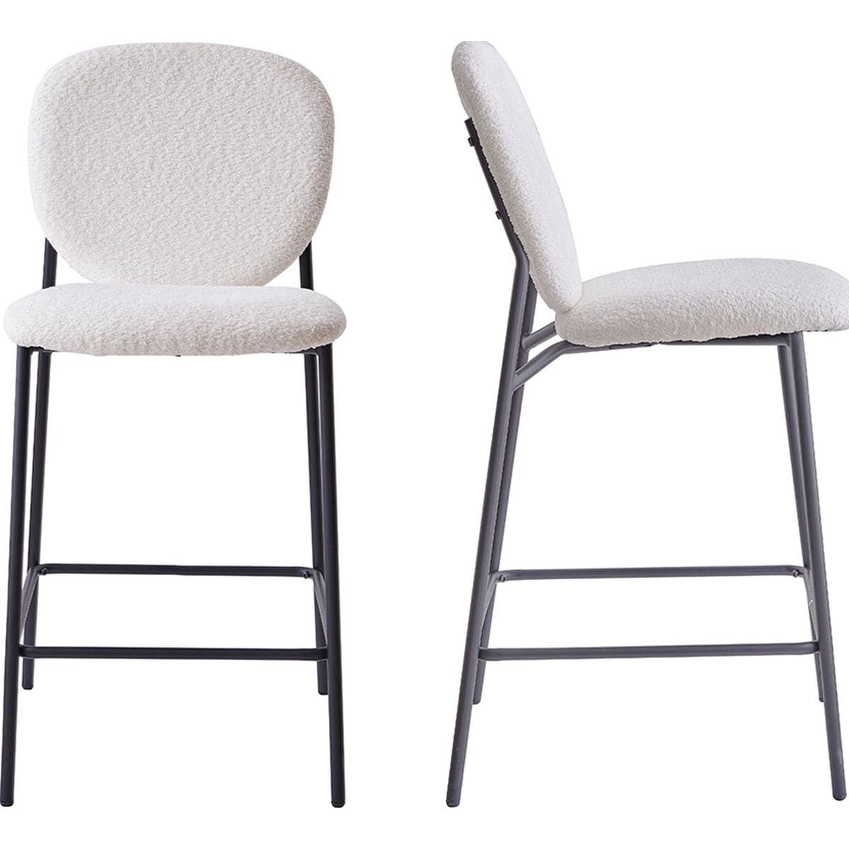 Betty - Lot de 2 Tabourets de Bar en Tissu Bouclette Écru, Piètement Métal Noir - Beige