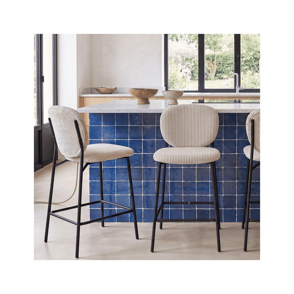 Betty - Lot de 2 Tabourets de Bar en Velours Côtelé, Piètement Métal Noir - Beige