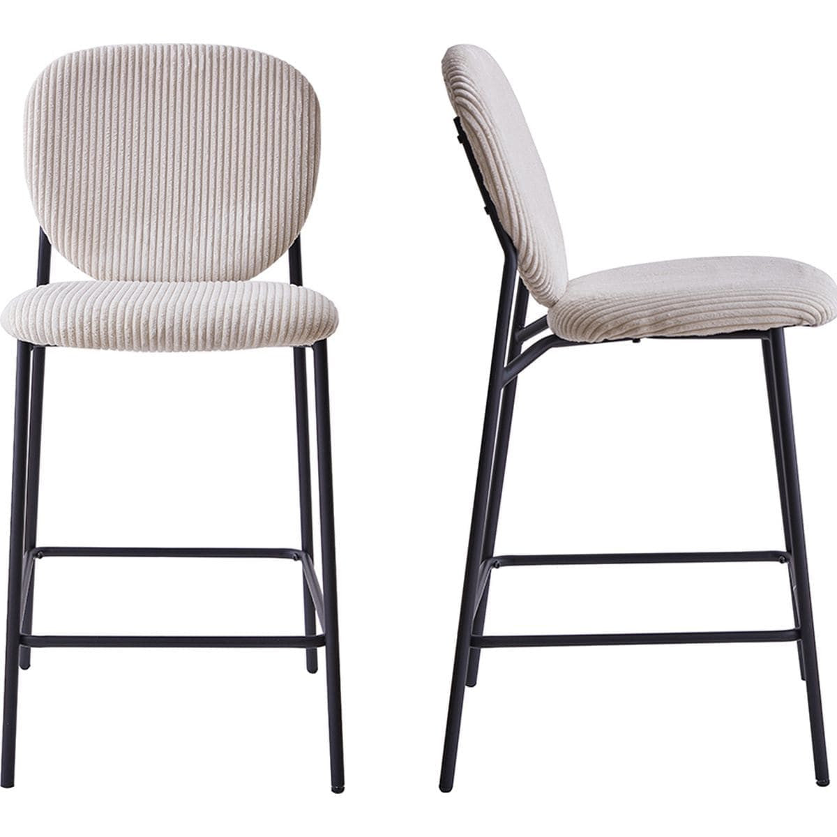 Betty - Lot de 2 Tabourets de Bar en Velours Côtelé, Piètement Métal Noir - Beige