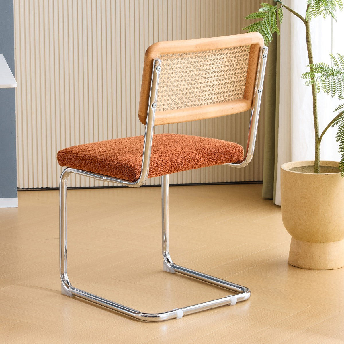 Muse - Lot de 2 Chaises en Cannage, Tissu Bouclé et Métal Chromé - Rouille