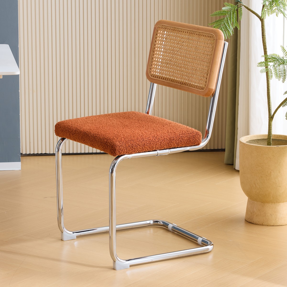 Muse - Lot de 2 Chaises en Cannage, Tissu Bouclé et Métal Chromé - Rouille