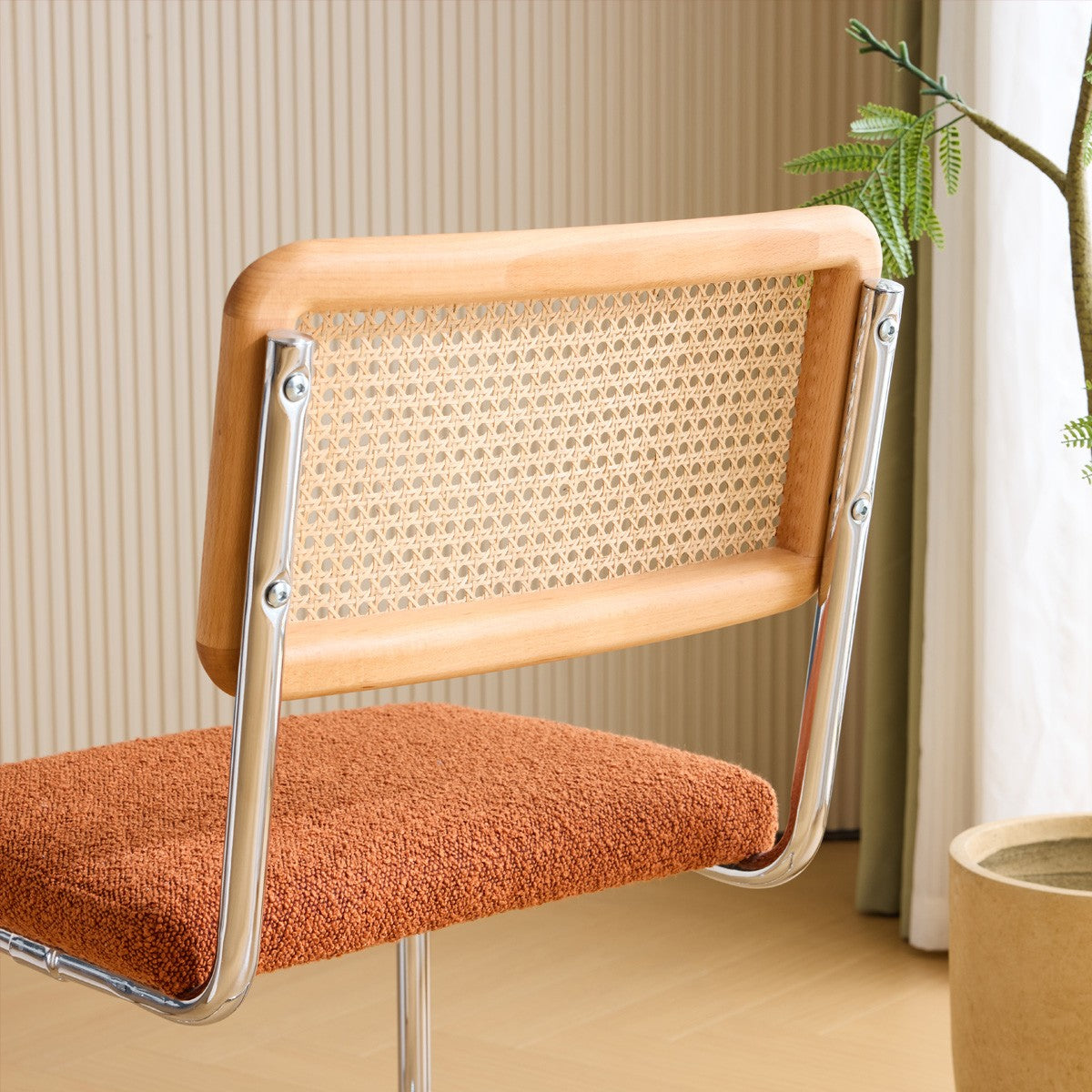 Muse - Lot de 2 Chaises en Cannage, Tissu Bouclé et Métal Chromé - Rouille