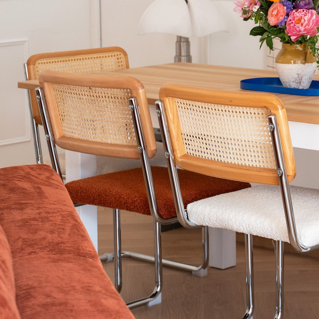 Muse - Lot de 2 Chaises en Cannage, Tissu Bouclé et Métal Chromé - Rouille