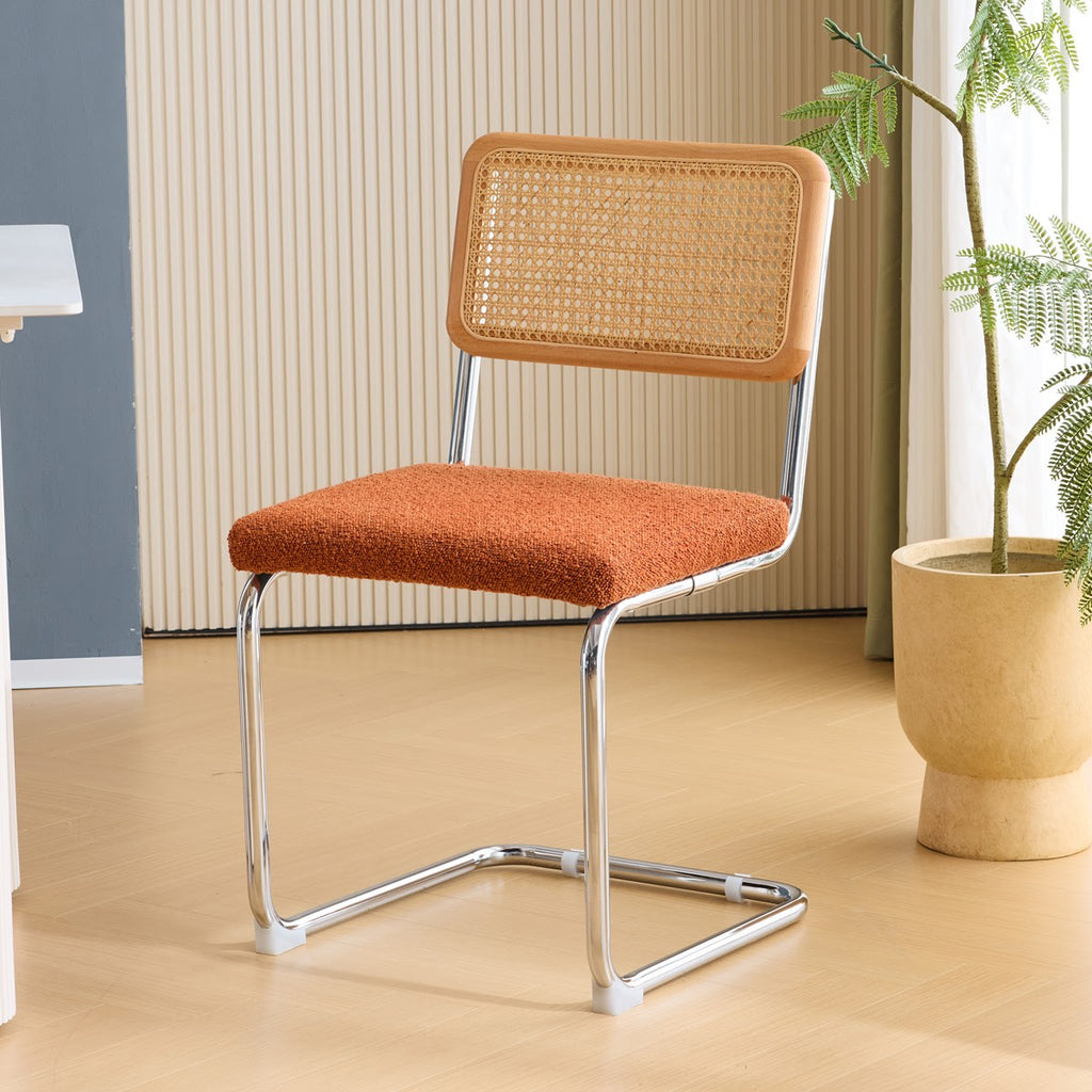 Muse - Lot de 2 Chaises en Cannage, Tissu Bouclé et Métal Chromé - Rouille