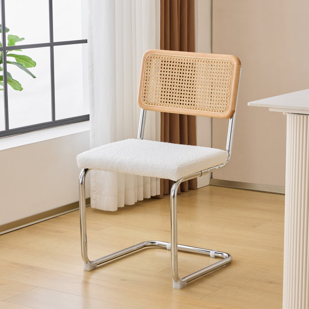 Muse - Lot de 2 Chaises en Cannage, Tissu Bouclé et Métal Chromé - Beige