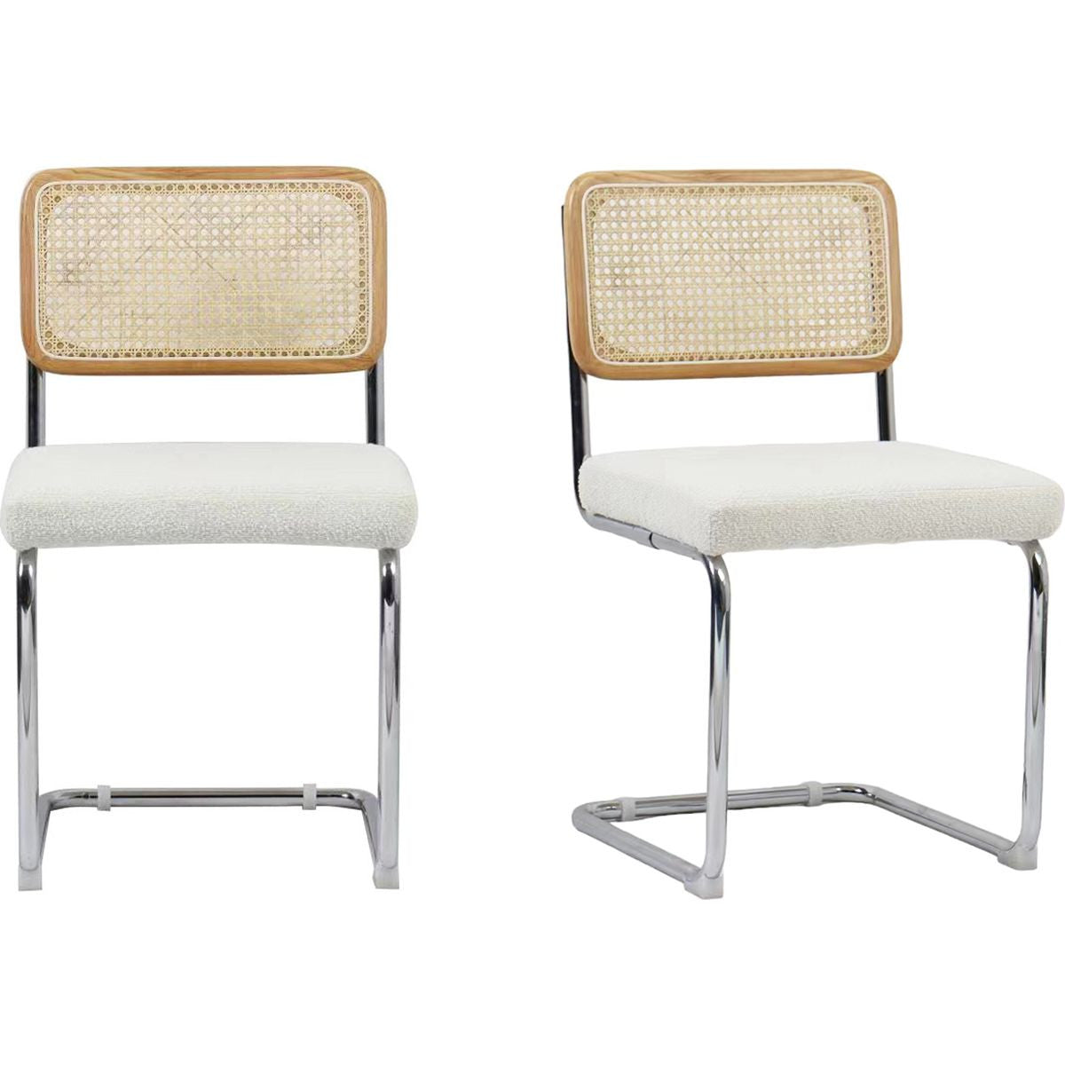 Muse - Lot de 2 Chaises en Cannage, Tissu Bouclé et Métal Chromé - Beige