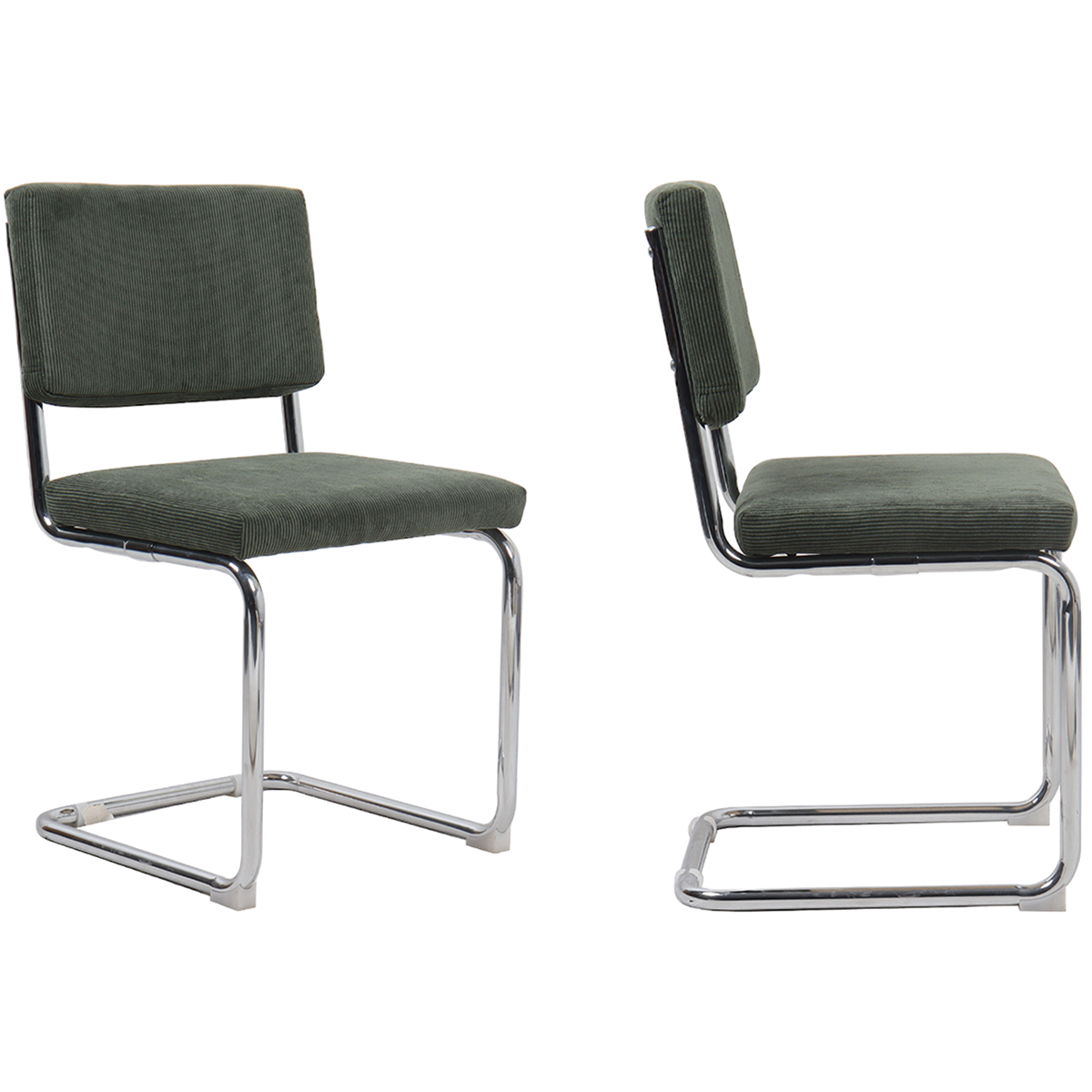 Dulce - Lot de 2 Chaises en Velours Côtelé Vert et Métal Chromé - Vert Kaki
