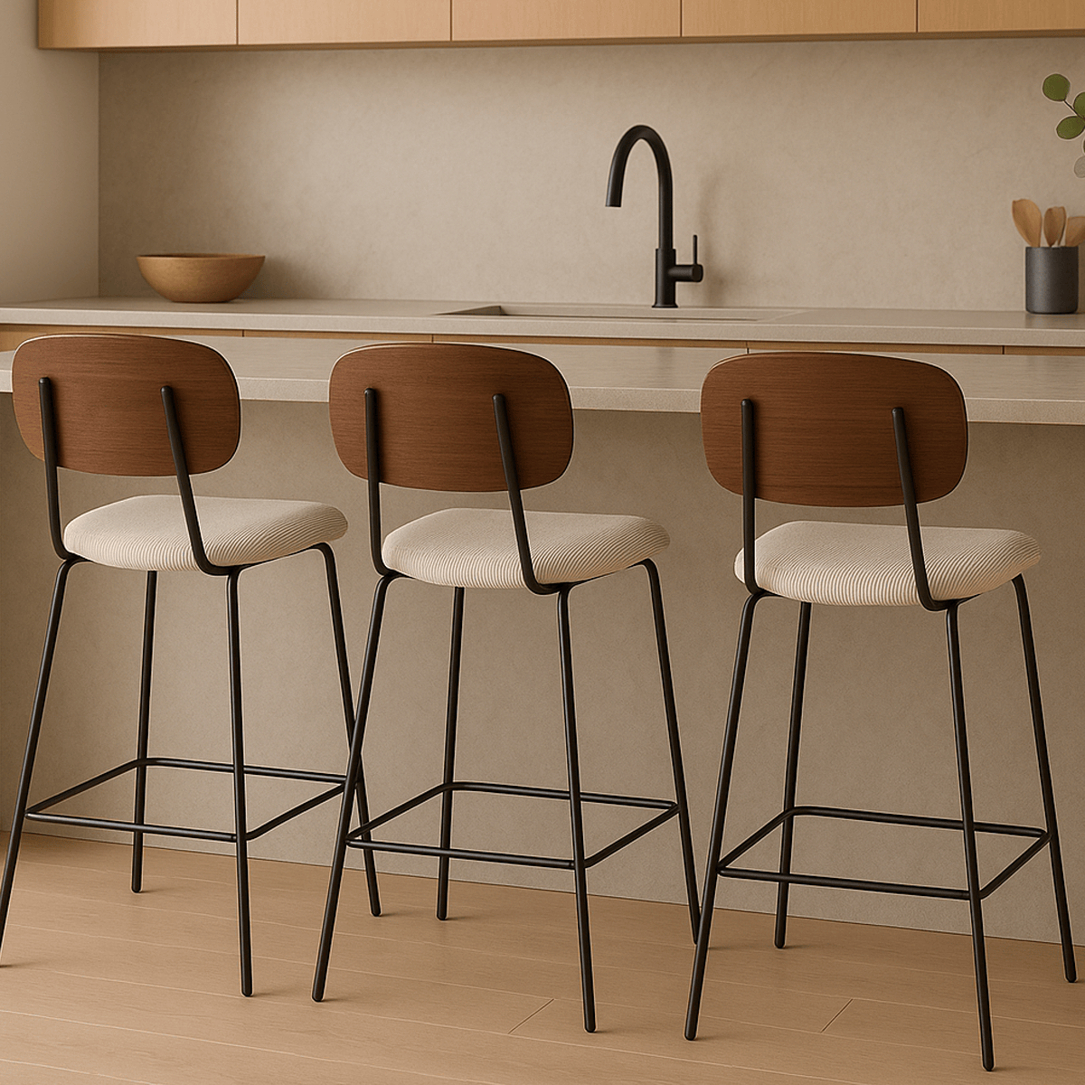 Dany - Lot de 2 Tabourets de Bar en Velours Côtelé - Beige