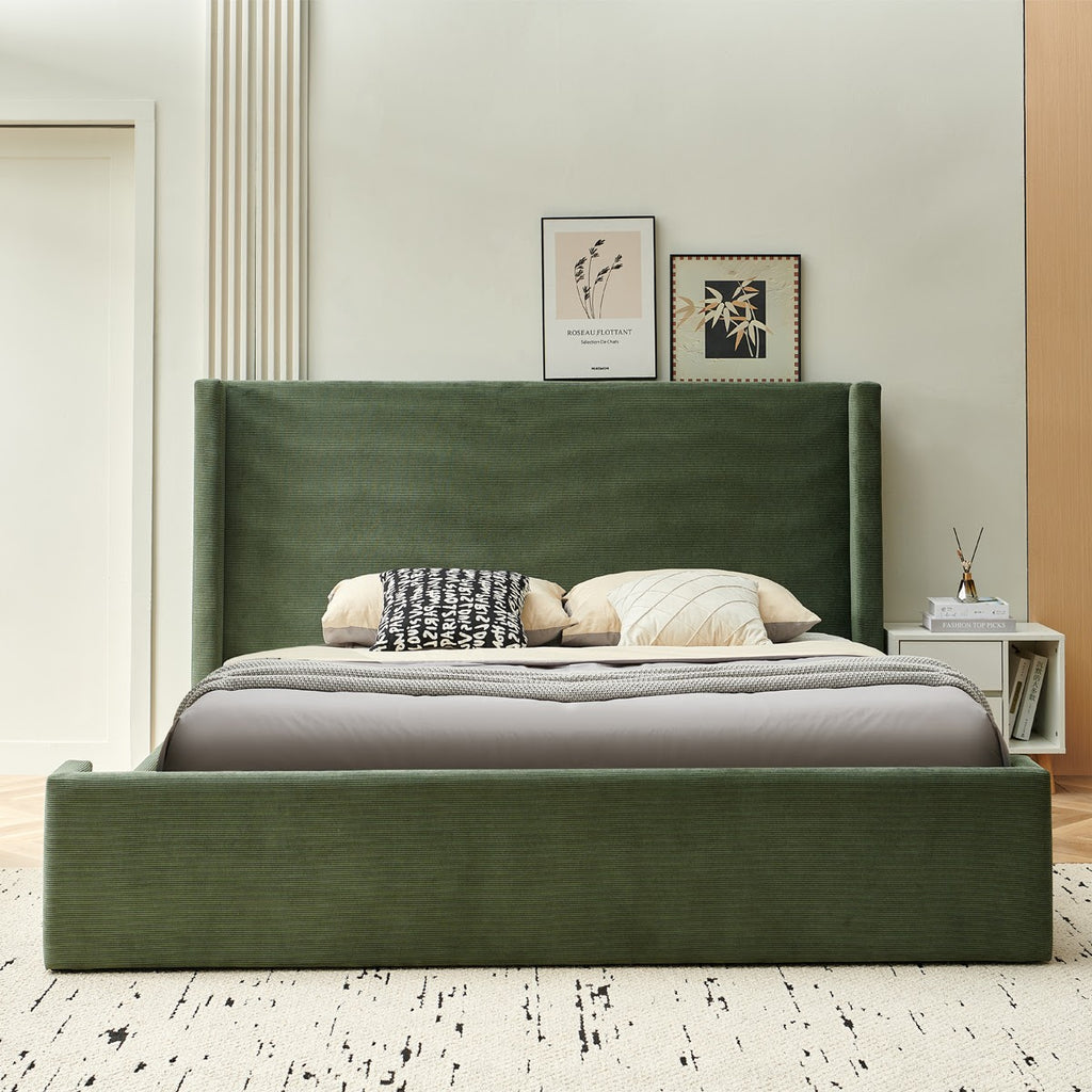 Elma - Lit Coffre Adulte - Velours Côtelé - Vert Kaki