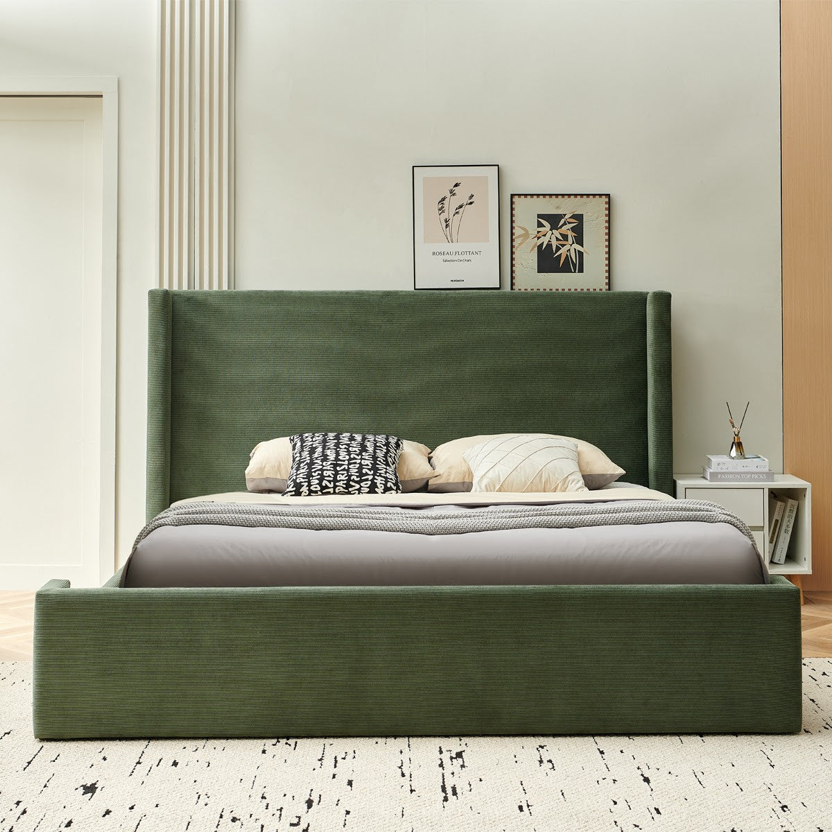 Elma - Lit Coffre Adulte - Velours Côtelé - Vert Kaki