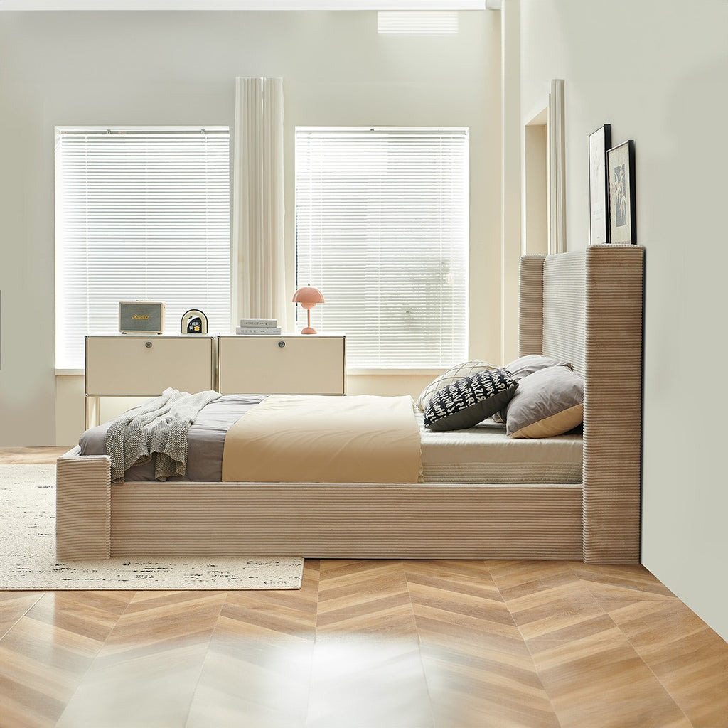 Elma - Lit Coffre Adulte 140x190 cm avec Tête de Lit Capitonnée en Velours Côtelé - Beige