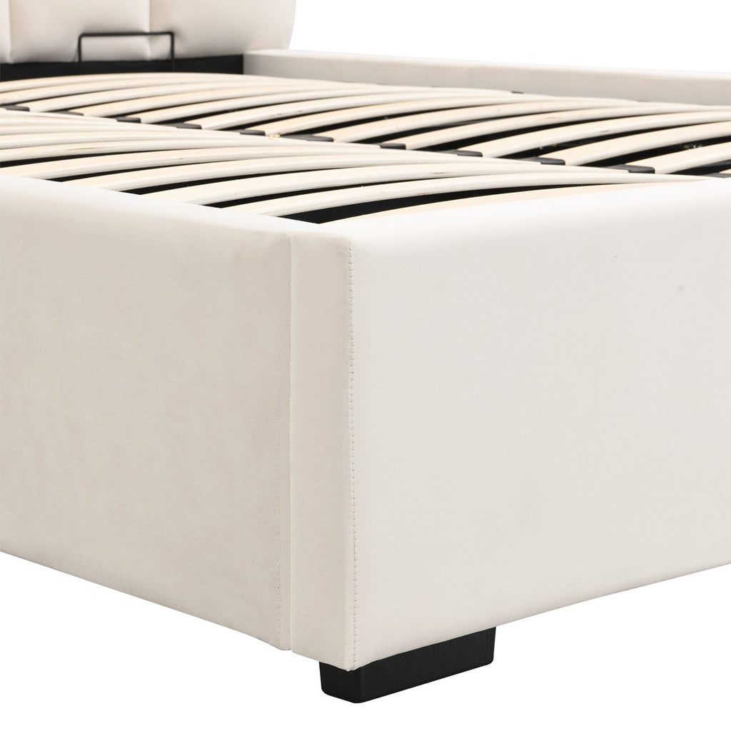 Lola - Lit Coffre Adulte 140x190 cm avec Sommier et Tête de Lit Capitonnée en Velours - Beige