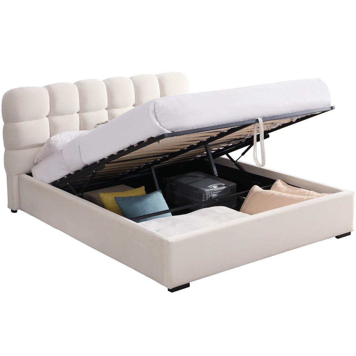 Lola - Lit Coffre Adulte 140x190 cm avec Sommier et Tête de Lit Capitonnée en Velours - Beige