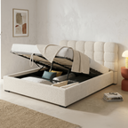 Lola - Lit Coffre Adulte 160x200 cm avec Sommier et Tête de Lit Capitonnée en Tissu Bouclé - Beige
