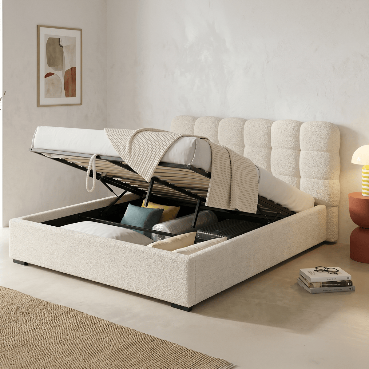 Lola - Lit Coffre Adulte 160x200 cm avec Sommier et Tête de Lit Capitonnée en Tissu Bouclé - Beige