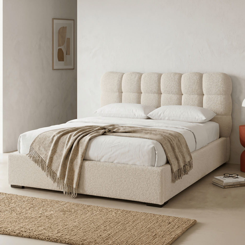 Lola - Lit Coffre Adulte 160x200 cm avec Sommier et Tête de Lit Capitonnée en Tissu Bouclé - Beige