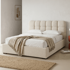 Lola - Lit Coffre Adulte 160x200 cm avec Sommier et Tête de Lit Capitonnée en Tissu Bouclé - Beige