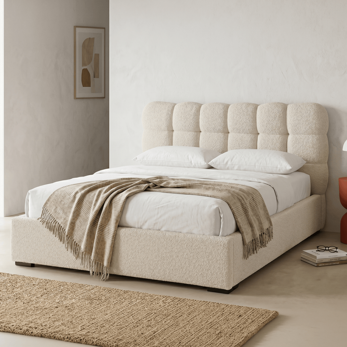 Lola - Lit Coffre Adulte 160x200 cm avec Sommier et Tête de Lit Capitonnée en Tissu Bouclé - Beige