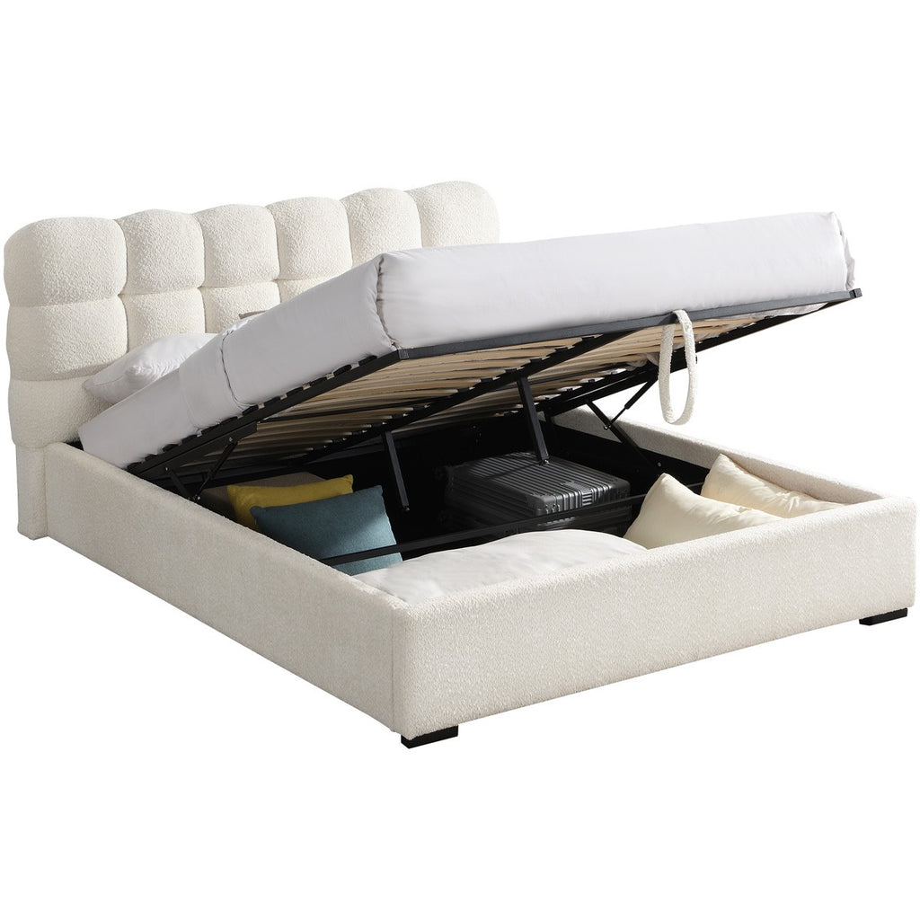 Lola - Lit Coffre Adulte 160x200 cm avec Sommier et Tête de Lit Capitonnée en Tissu Bouclé - Beige