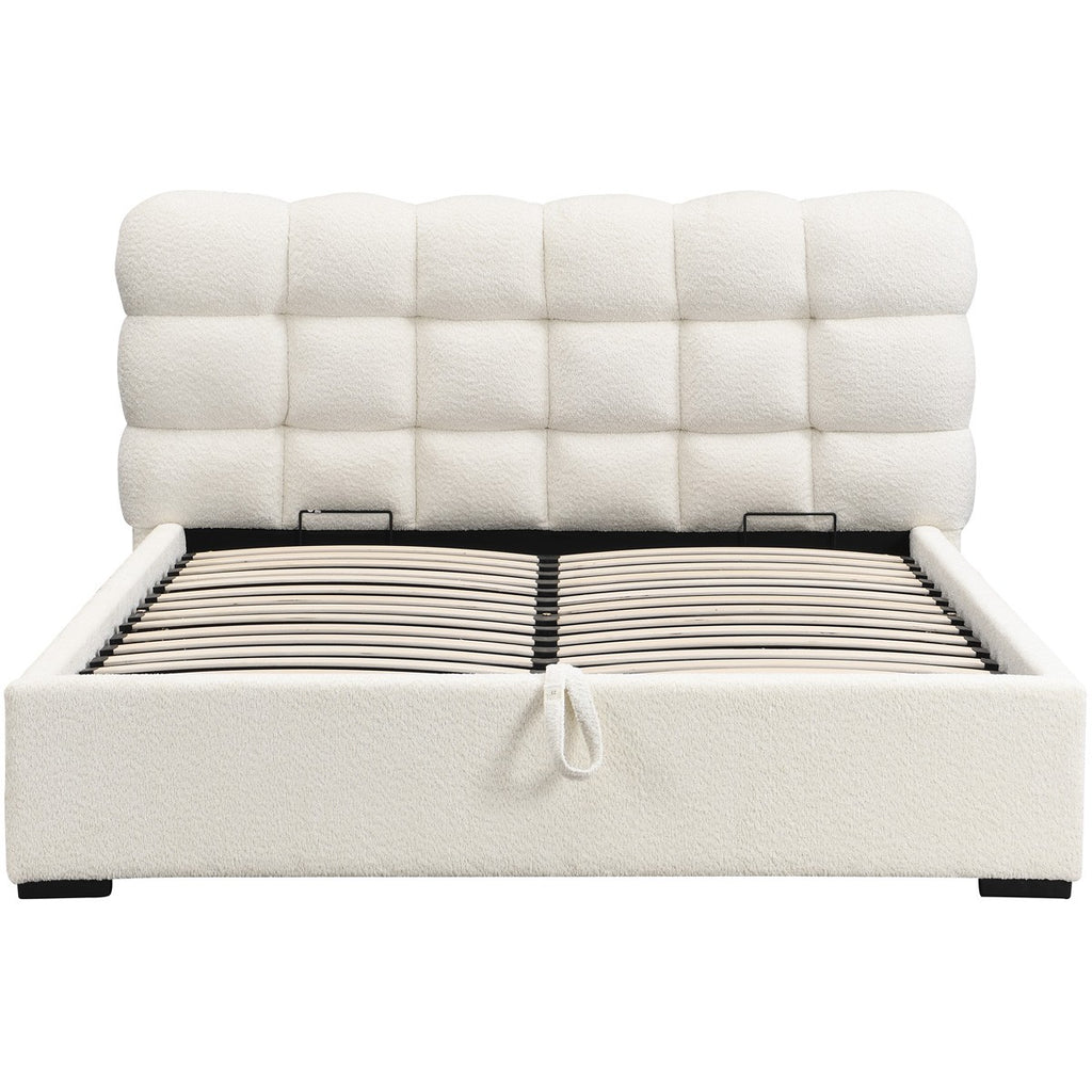 Lola - Lit Coffre Adulte 160x200 cm avec Sommier et Tête de Lit Capitonnée en Tissu Bouclé - Beige