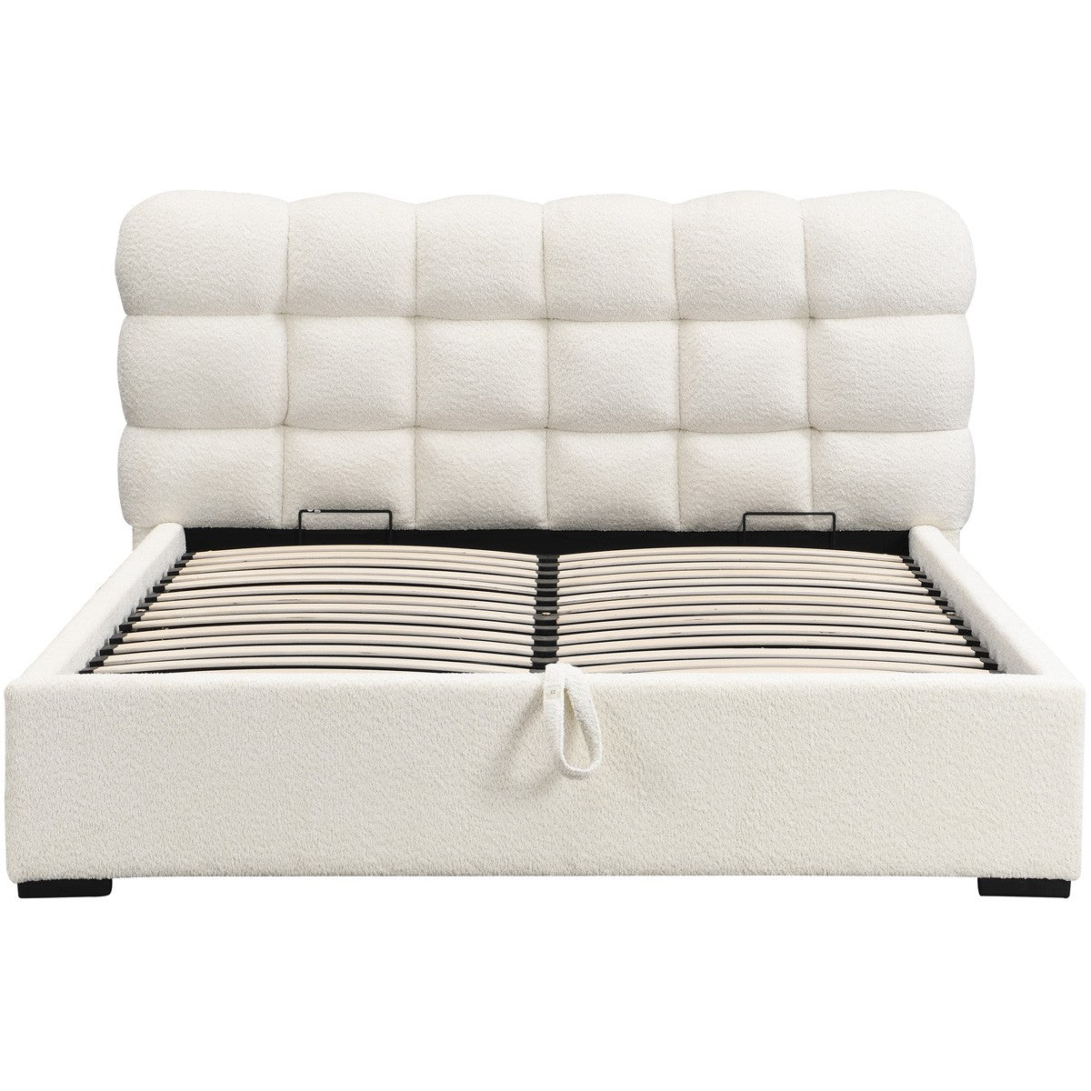 Lola - Lit Coffre Adulte 160x200 cm avec Sommier et Tête de Lit Capitonnée en Tissu Bouclé - Beige