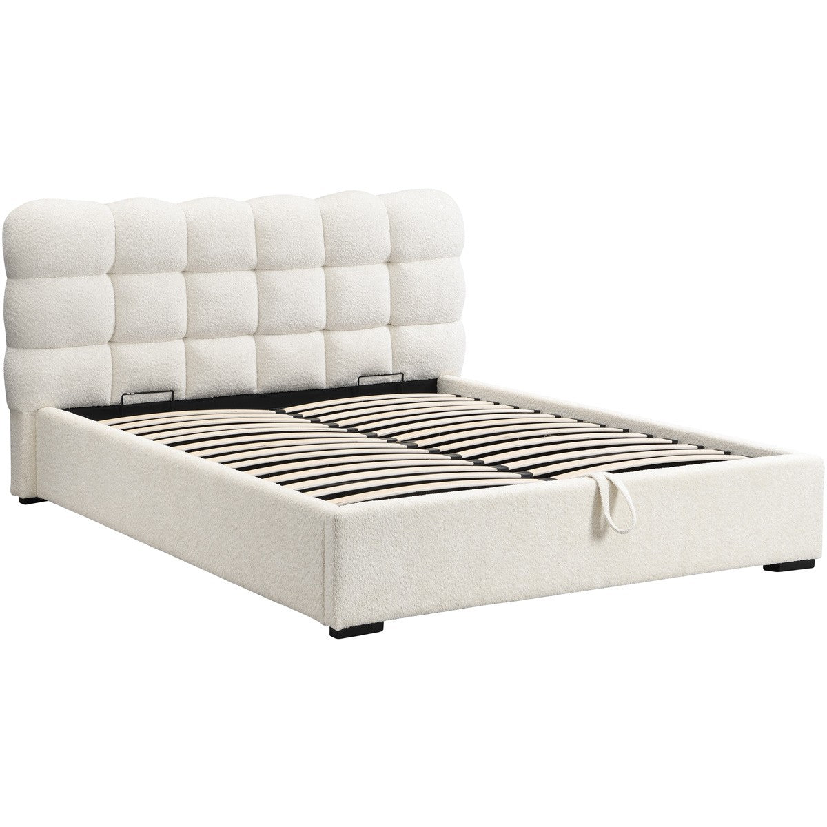 Lola - Lit Coffre Adulte 160x200 cm avec Sommier et Tête de Lit Capitonnée en Tissu Bouclé - Beige