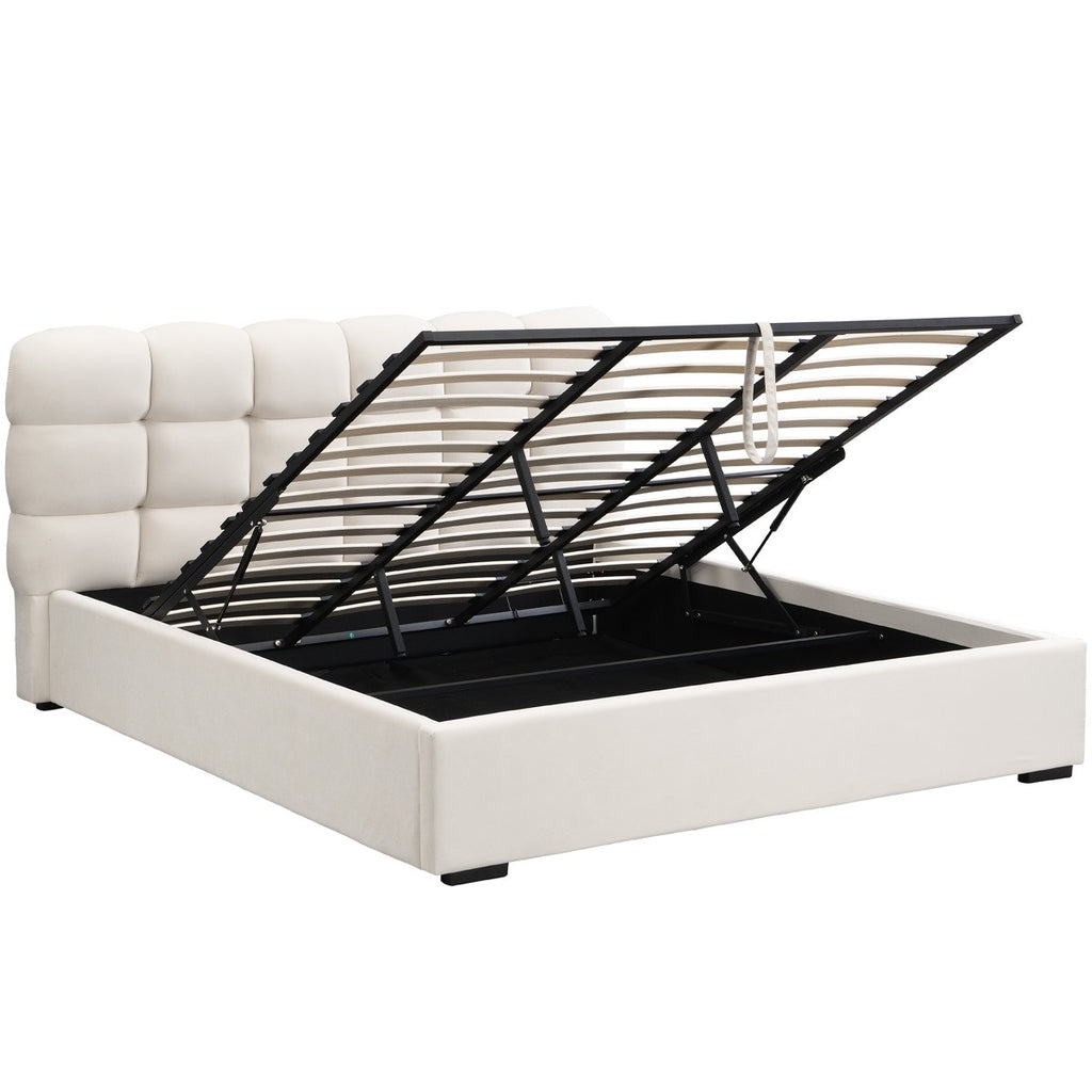 Lola - Lit Coffre Adulte 180x200 cm avec Sommier et Tête de Lit Capitonnée en Velours - Beige