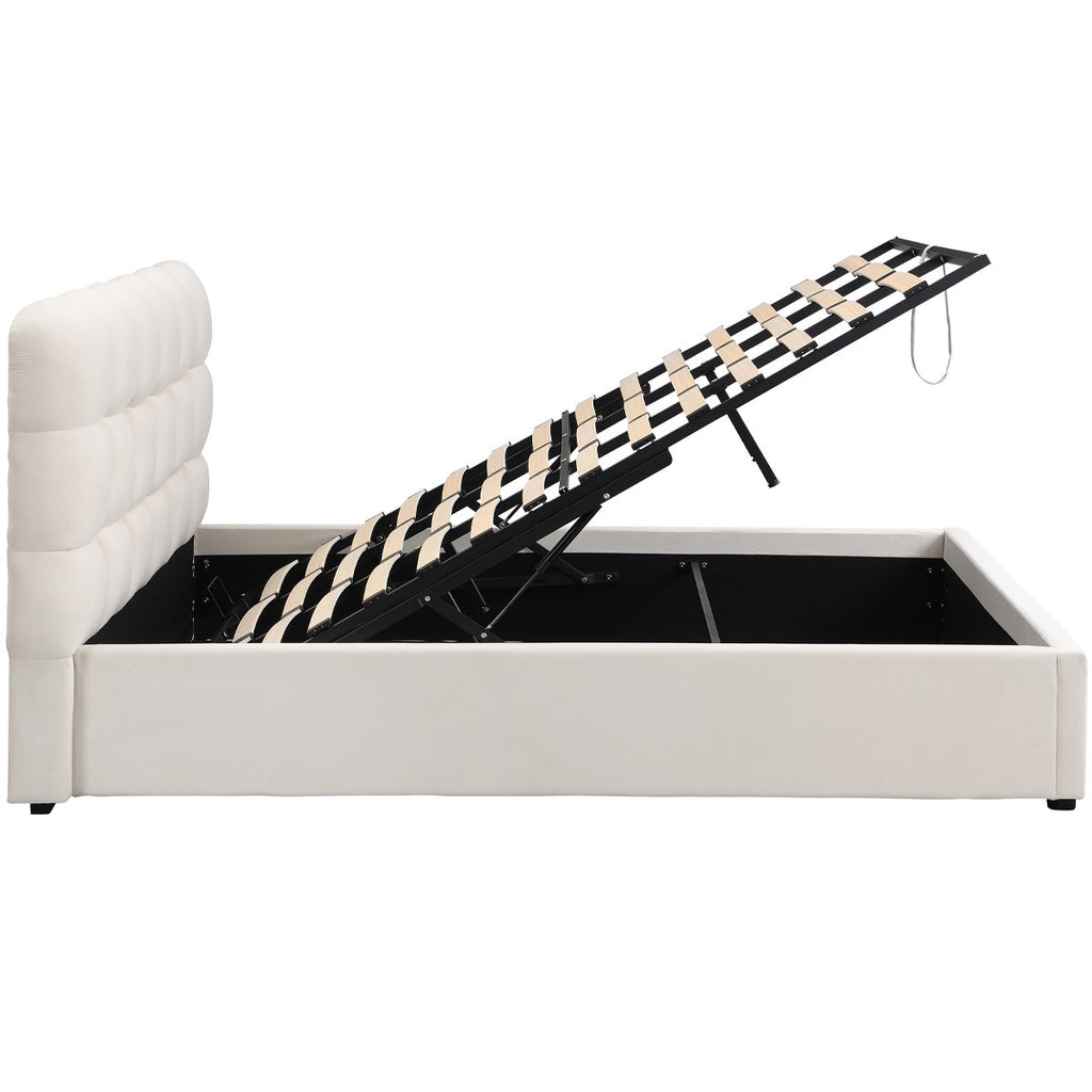 Lola - Lit Coffre Adulte 180x200 cm avec Sommier et Tête de Lit Capitonnée en Velours - Beige