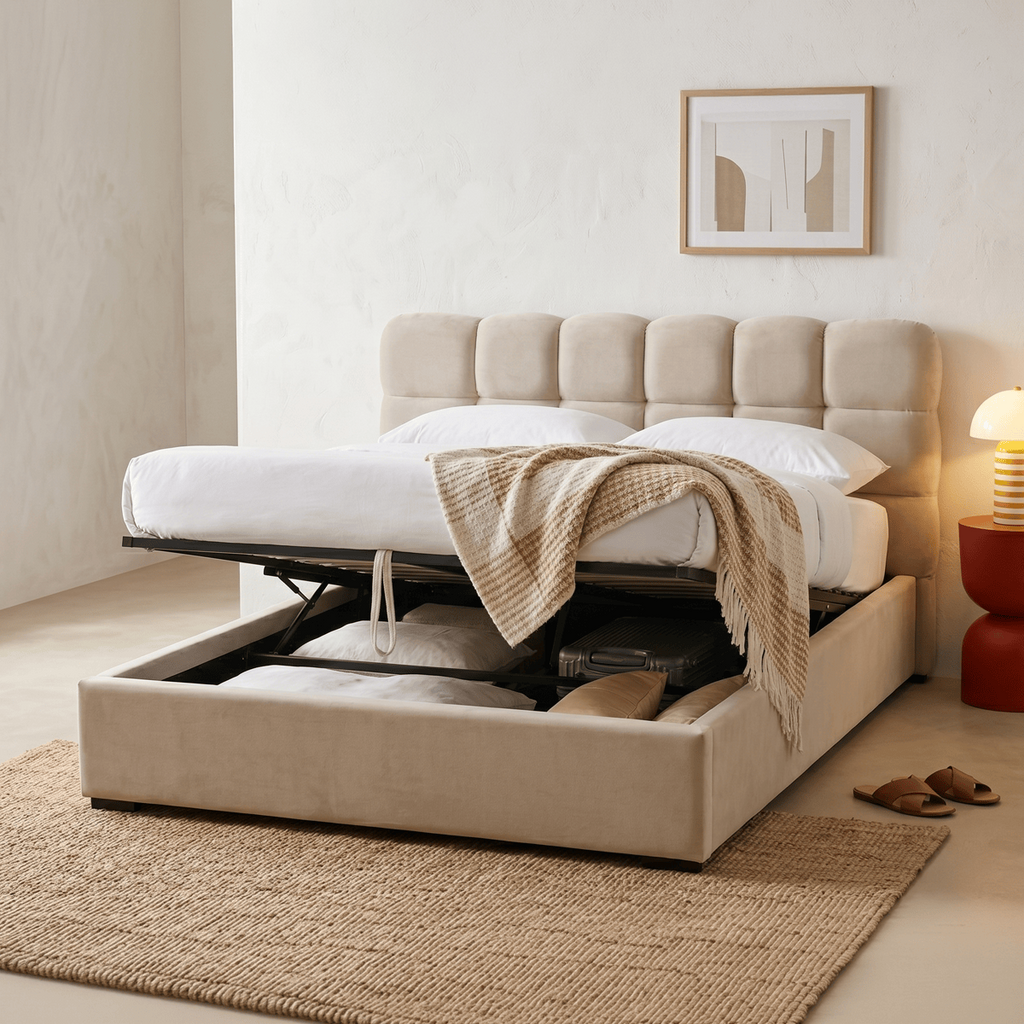 Lola - Lit Coffre Adulte 180x200 cm avec Sommier et Tête de Lit Capitonnée en Velours - Beige