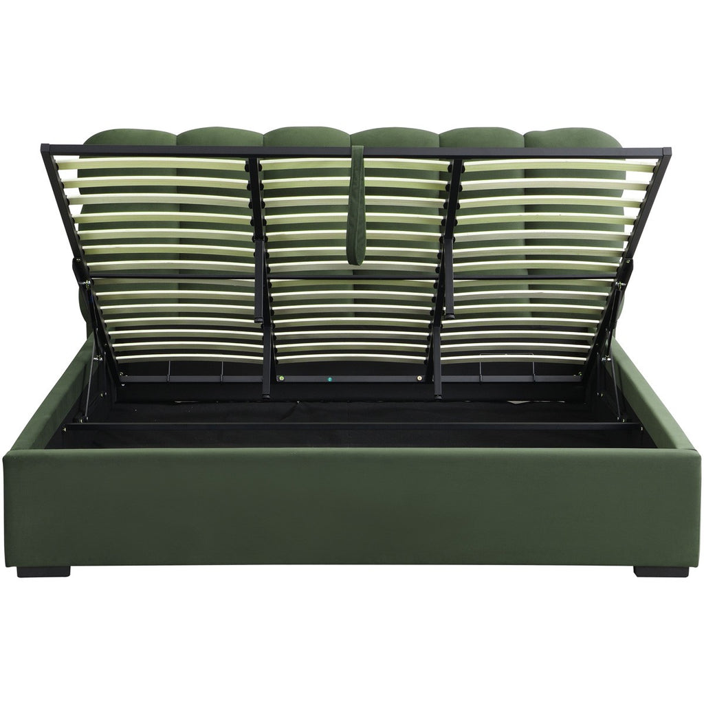 Lola - Lit Coffre Adulte 180x200 cm avec Sommier et Tête de Lit Capitonnée en Velours - Vert Kaki