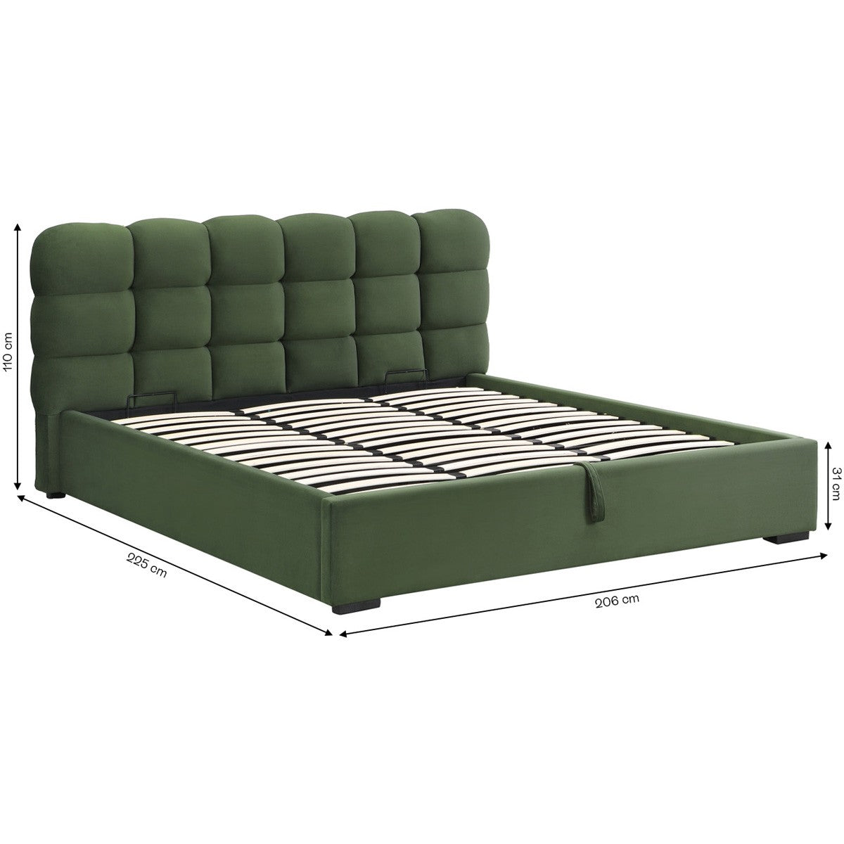 Lola - Lit Coffre Adulte 180x200 cm avec Sommier et Tête de Lit Capitonnée en Velours - Vert Kaki