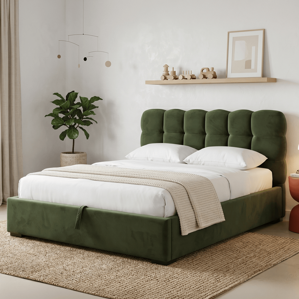 Lola - Lit Coffre Adulte 180x200 cm avec Sommier et Tête de Lit Capitonnée en Velours - Vert Kaki